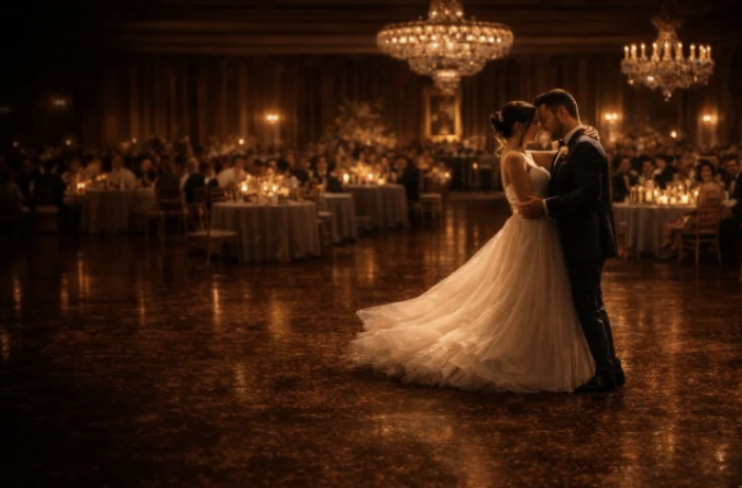 A couple sharing their first dance in a candlelit ballroom